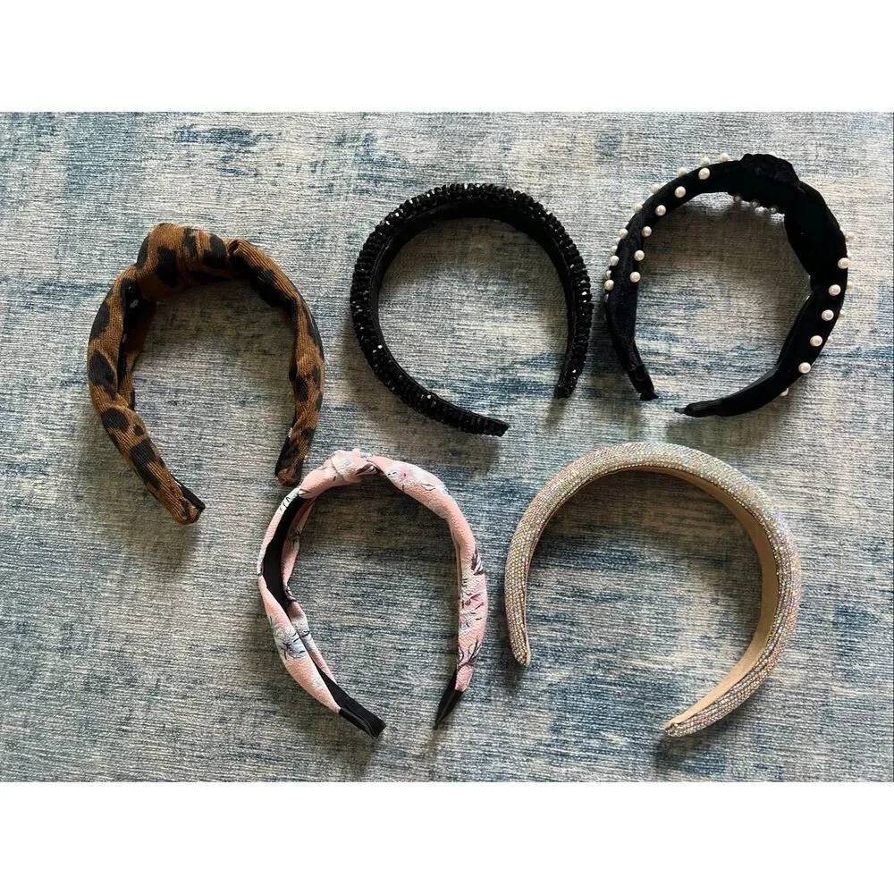 Chunky Headband Lot of 5 Leopard Rhinestone Faux Pearl Floral Beaded
